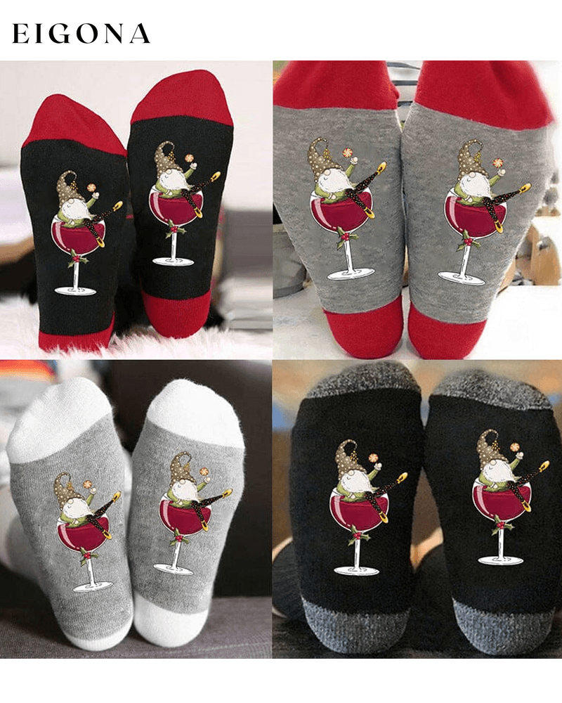 🧦Christmas gnome wine glass unisex crew socks🧦 BLACK RED + GREY RED + GREY WHITE + GREY BLACK 1 PC 23BF ACCESSORIES Christmas Clothes