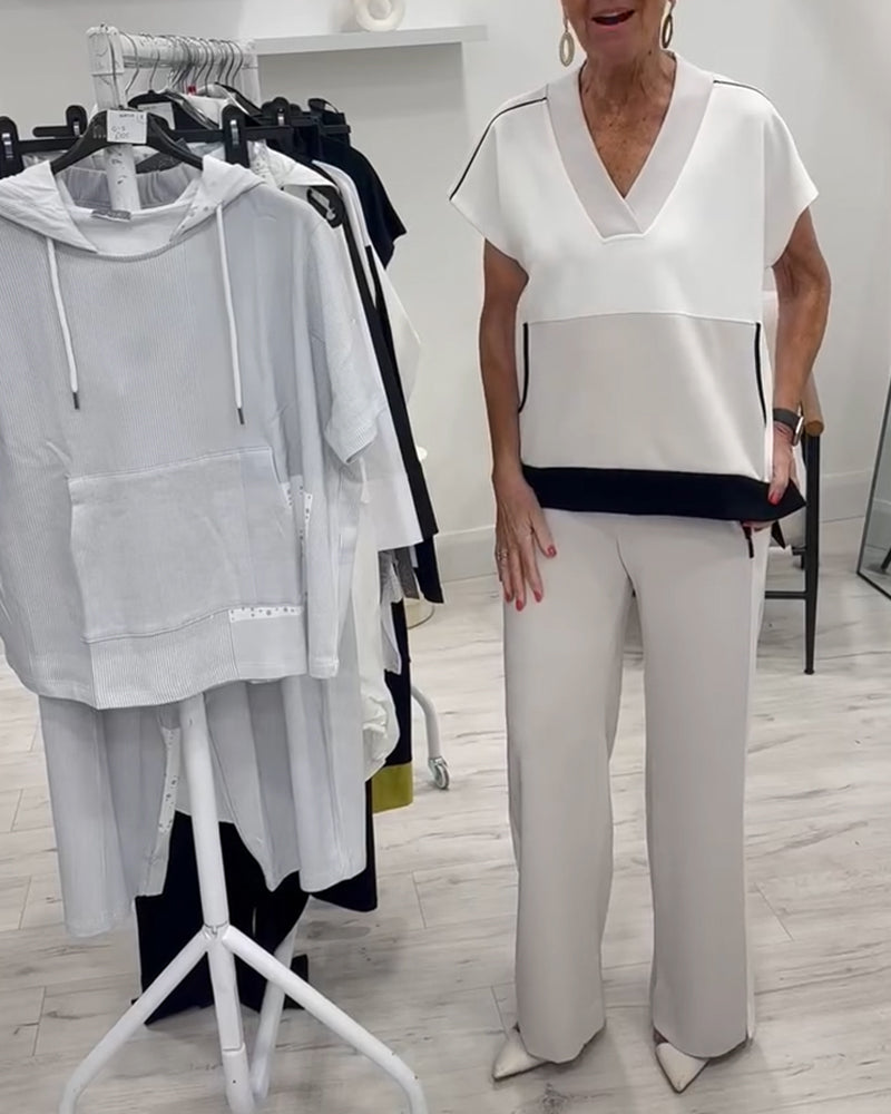 V-Neck Color Matching Slit Casual Suit