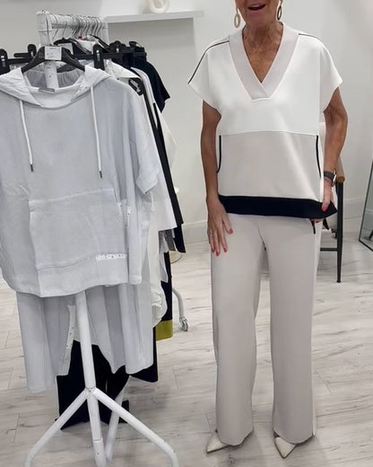 V-Neck Color Matching Slit Casual Suit