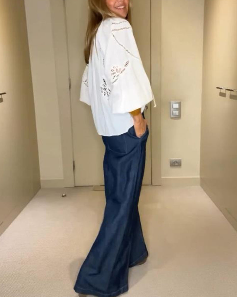 Lantern-Sleeve Tie-Waist Loose Blouse