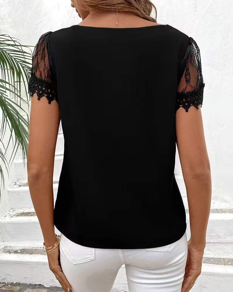 Off-Collar Lace Short-Sleeved T-Shirt