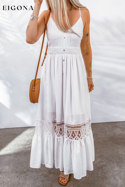 Buttoned Spliced Lace Spaghetti Strap Maxi Dress White L casual dress casual dresses clothes dress dresses maxi dress maxi dresses Ship From Overseas SYNZ