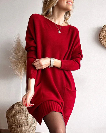 Casual solid color crew neck pocket sweater dress