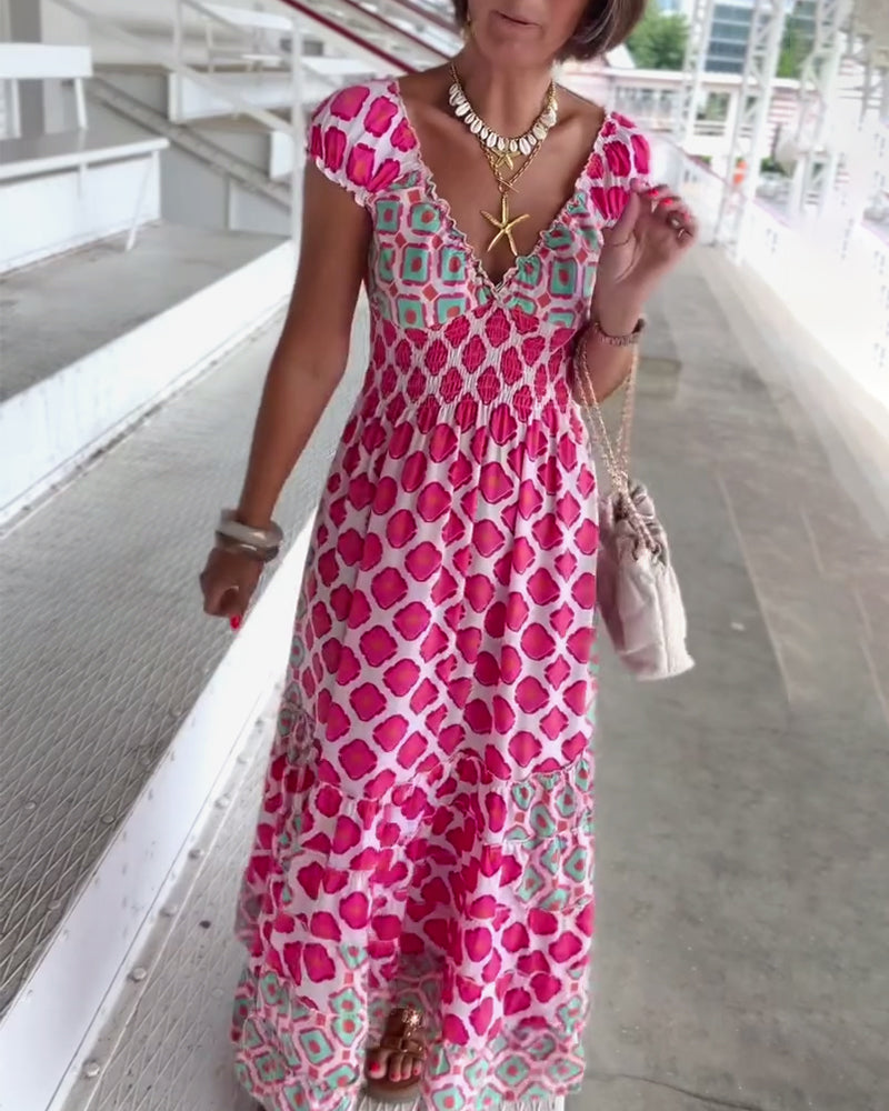 Abito lungo stampato con scollo a V profondo sexy
