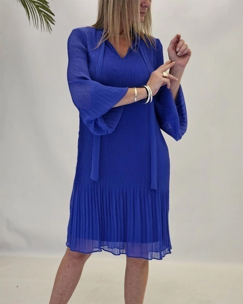 Three-Quarter Sleeve Tie Pleated Dress