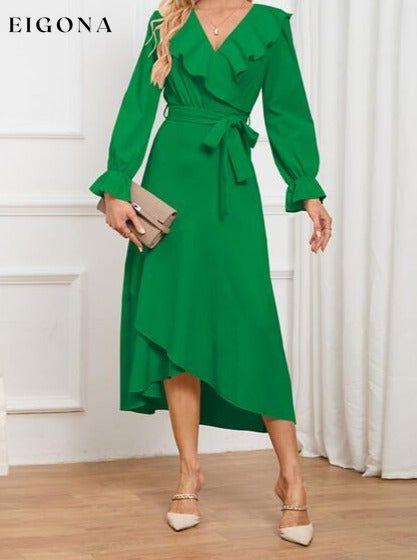 Surplice Tie Front Flounce Sleeve Dress Green clothes H.Y.G@E Ship From Overseas