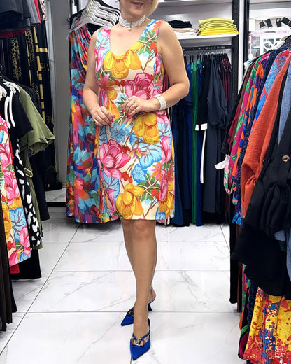 Sleeveless V-Neck Floral Waist Dress