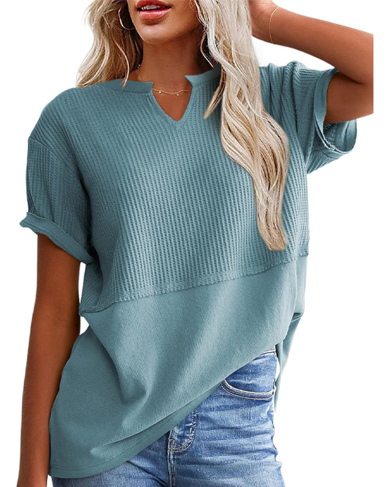 Cinched Waist Patchwork V-Neck Pullover T-Shirt