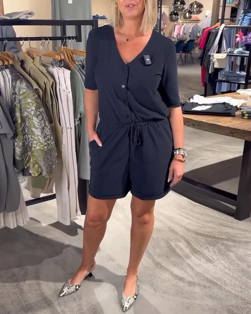 Short-Sleeved V-Neck Lace-Up Jumpsuit