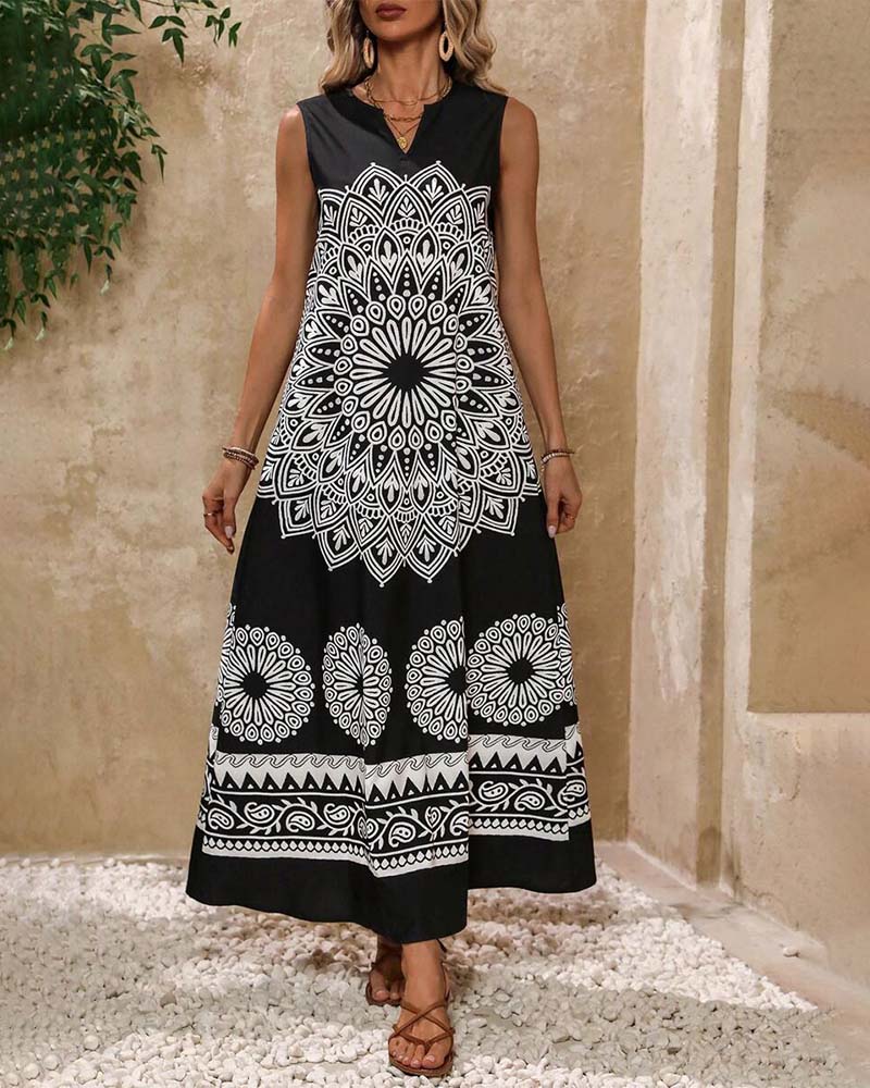 Retro print pocket sleeveless maxi dress casual dresses summer vacation dresses