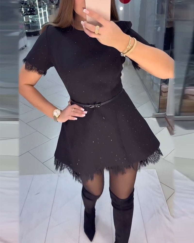 Sparkling Lace Short-Sleeve A-Line Dress