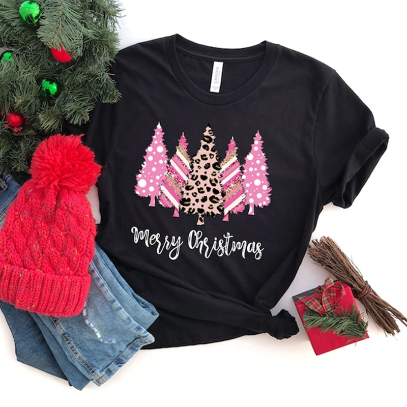 Casual Christmas tree letter print crew neck T-shirt 2024 f/w christmas spring summer t-shirts