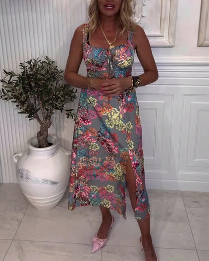 Floral Print Slit Slip Dress