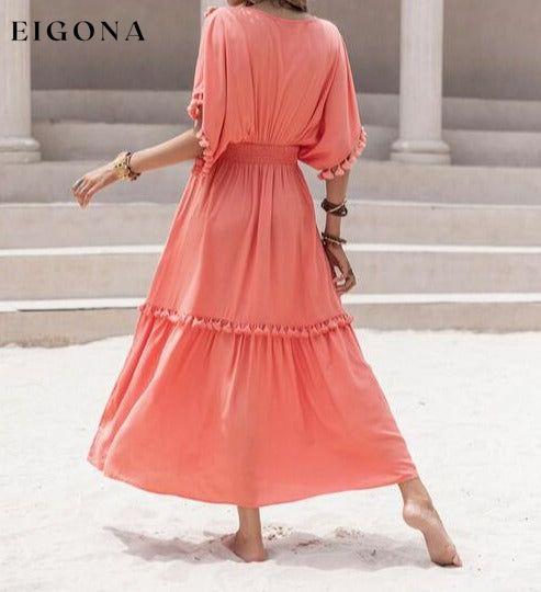 Tassel Trim Smocked V-Neck Short Sleeve Maxi Dress casual dresses clothes dress dresses H.R.Z long sleeve dress maxi dress Ship From Overseas short dress short sleeve short sleeve dress short sleeve dresses