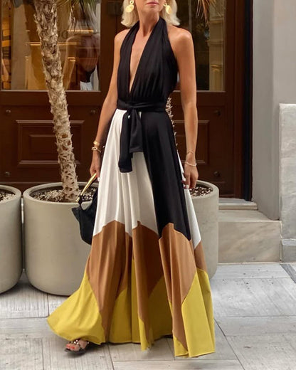 Sexy Deep V Halter Neck Contrast Print Long Dress