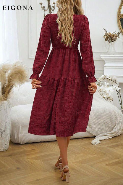 Round Neck Velvet Smocked Flounce Sleeve Dress casual dress casual dresses clothes dress dresses DY long sleeve dress long sleeve dresses midi dress midi dresses Ship From Overseas short dresses