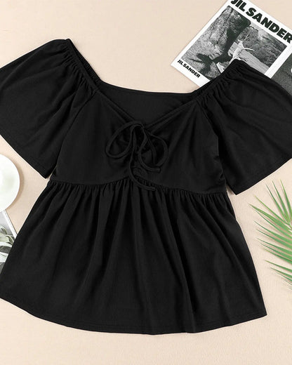 Large Size Square Neck Bubble Sleeve T-Shirt
