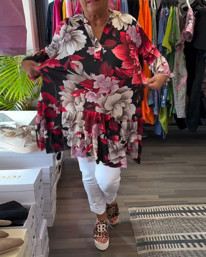 Bell - Sleeve Loose Floral Dress
