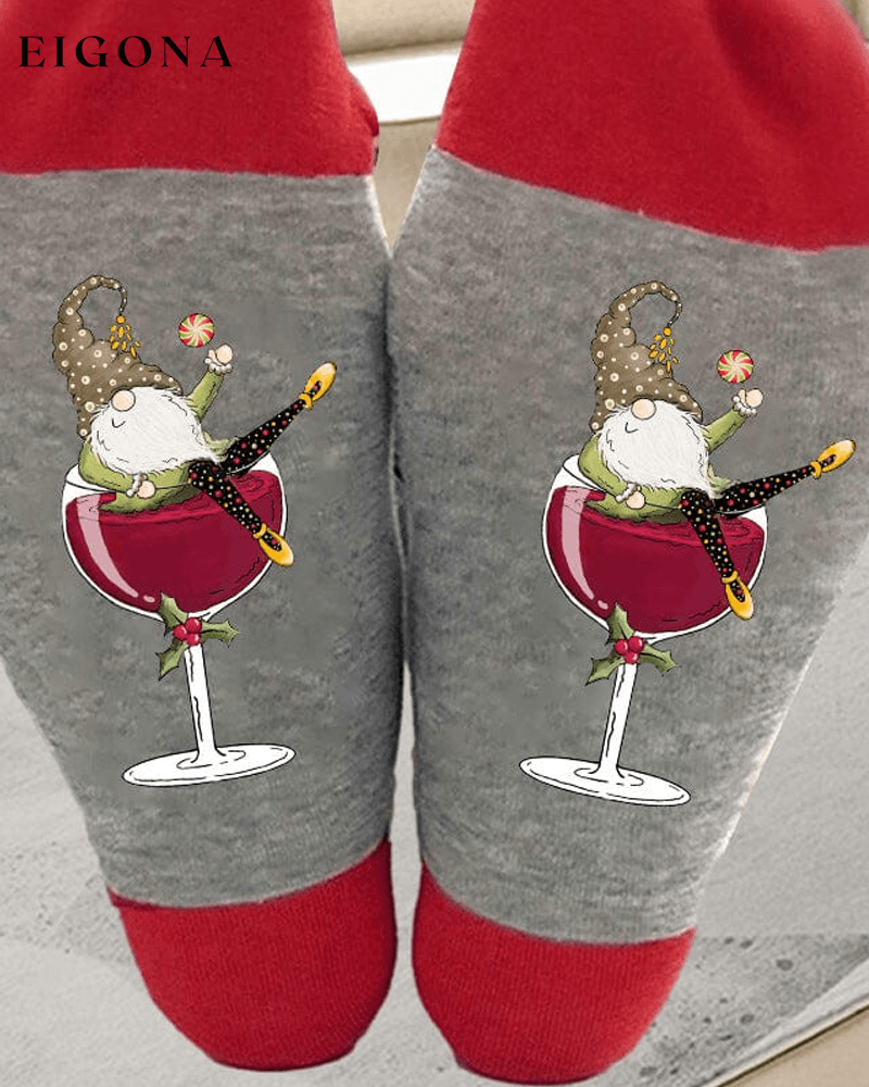 🧦Christmas gnome wine glass unisex crew socks🧦 GREY RED 23BF ACCESSORIES Christmas Clothes