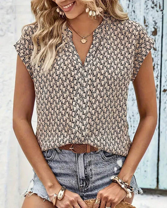 V-Neck Printed Casual Short-Sleeved Blouse