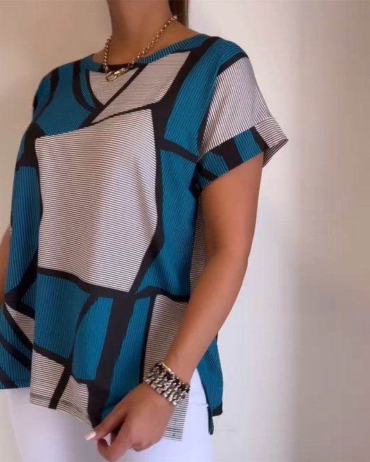 Round Neck Geometric Pattern Loose T-shirt