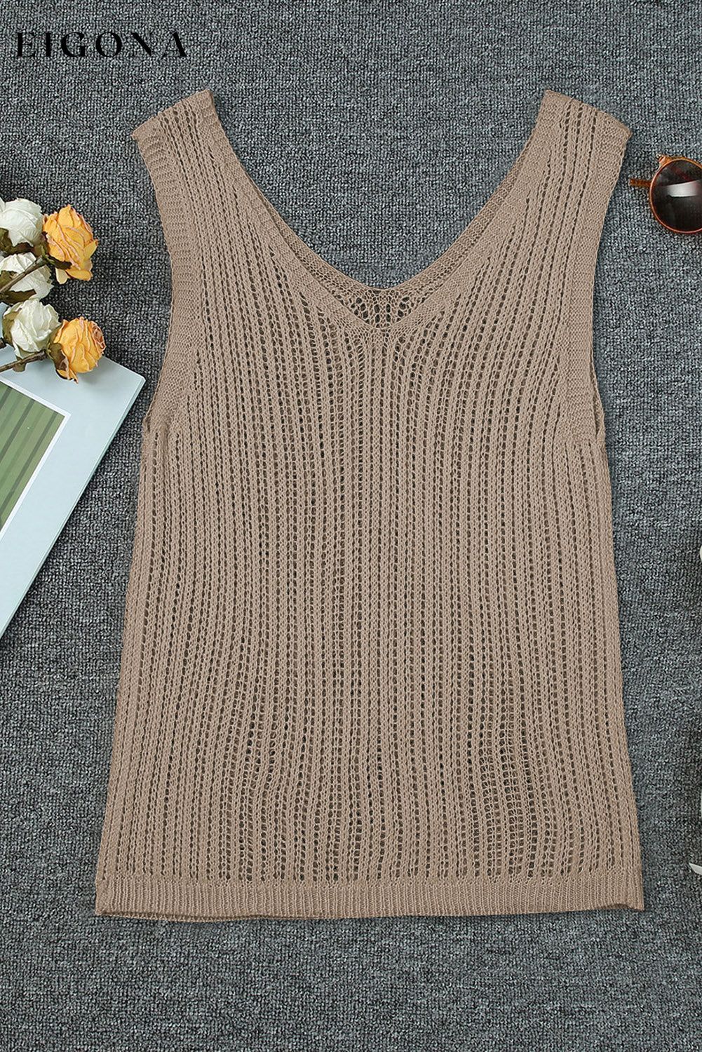 Khaki Hollowed Knit V Neck Tank Top All In Stock clothes Fabric Ribbed Fabric Textured Occasion Vacation Print Solid Color Season Summer Size S To 2XL Style Casual tank tank top tops