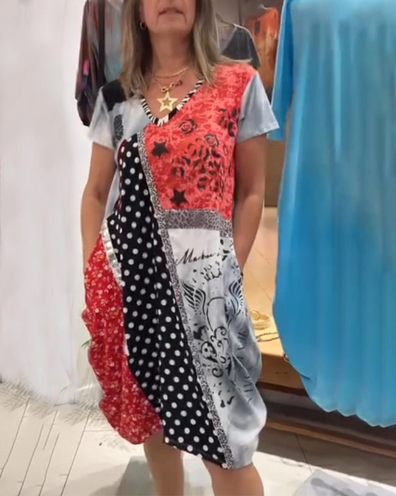Printed Polka Dot Contrast Pocket Dress