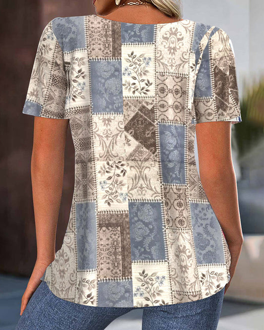 Vintage Crew Neck Pleated Printed Blouse