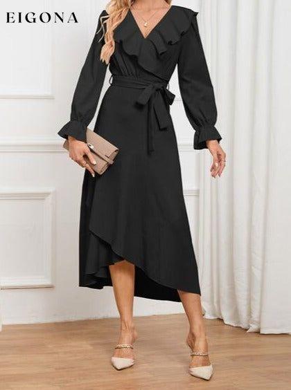 Surplice Tie Front Flounce Sleeve Dress Black clothes H.Y.G@E Ship From Overseas