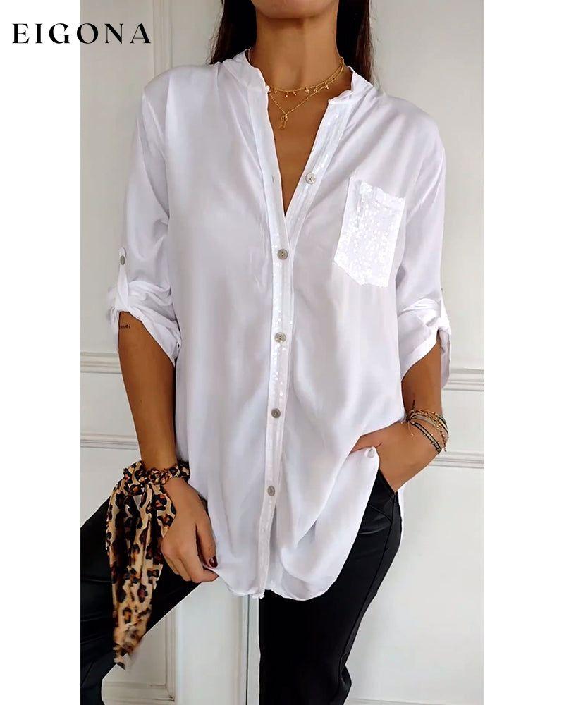 Paneled sequin button casual top blouses & shirts spring summer