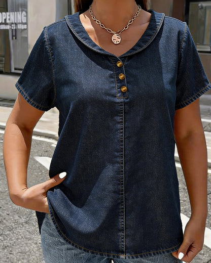 Peter Pan Collar Denim Short-Sleeved Top