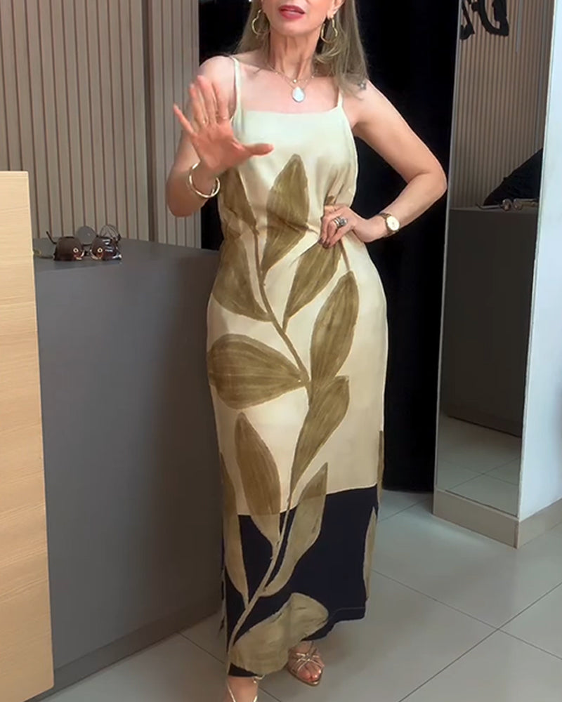 Spaghetti Strap Leaf Print Vacation Dress