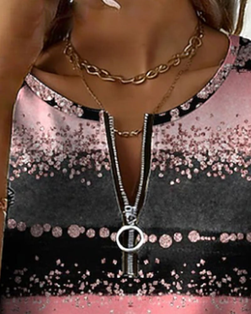 Gradient Glitter-Striped Zip-Up Top