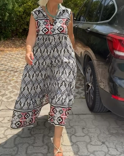 Sleeveless Lapel Printed Dress