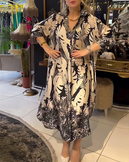 Leaf print lapel slit dress casual dresses spring summer