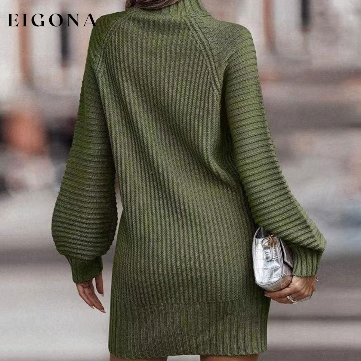 Mock Neck Lantern Sleeve Sweater Dress casual dresses clothes dress dresses Ship From Overseas Shipping Delay 09/29/2023 - 10/04/2023 sweater dress Y@Y@D@Y