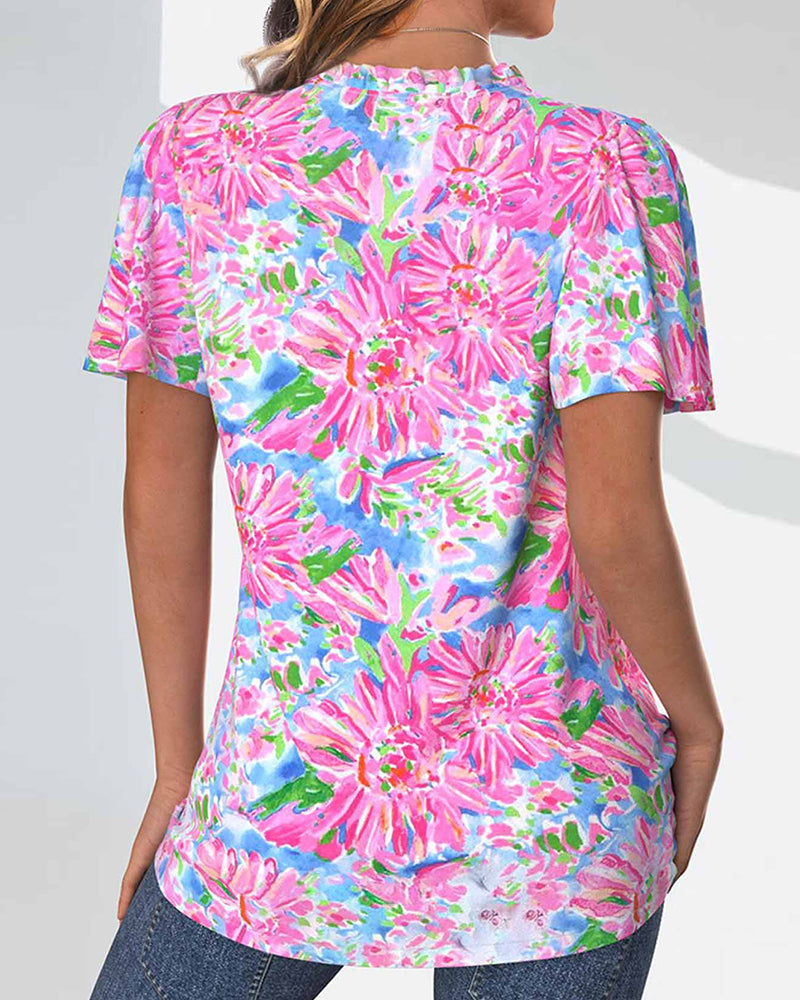 Kurzärmlige Bluse mit Blumenmuster und Knopfleiste