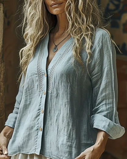 V-Neck Lace Paneled Linen Shirt