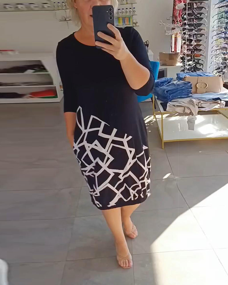 Long-Sleeved Geometric Pattern Dress