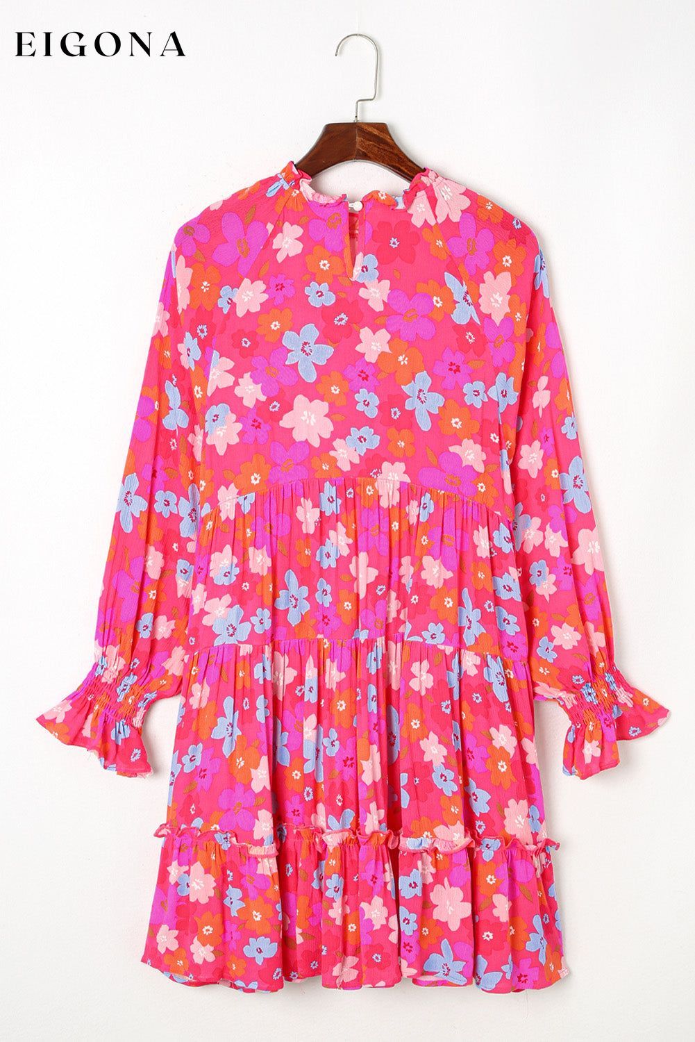 Multicolour Floral Bubble Sleeve Tiered Babydoll Dress All In Stock casual dresses clothes Color Pink dress dresses long sleeve dress long sleeve dresses Occasion Daily Print Floral Season Spring short dresses Silhouette A-Line Style Southern Belle