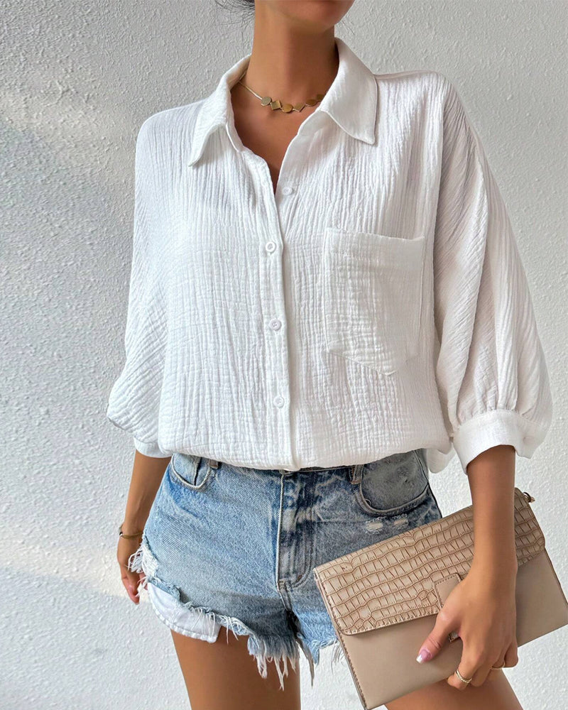 Solid Color Lapel Pleated Lantern Sleeve Shirt