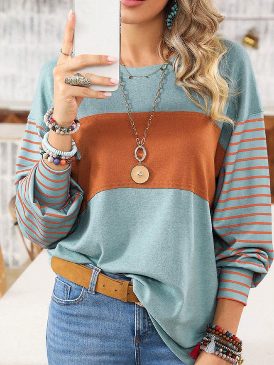 Casual striped contrast color crew neck top 2024 f/w blouses & shirts