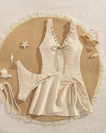 Strukturierter Badeanzug mit V-Ausschnitt und Strapsen