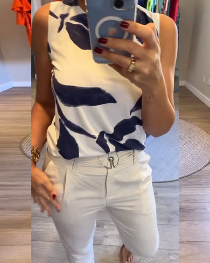 Sleeveless Crew Neck Printed Vest