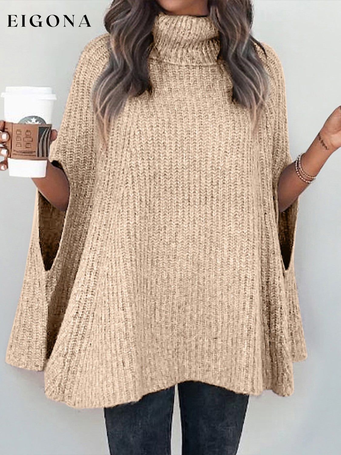 Turtleneck Dolman Sleeve Poncho Fashion Sweater Tan clothes long sleeve Romantichut Ship From Overseas Shipping Delay 09/29/2023 - 10/04/2023 Sweater sweaters turtleneck