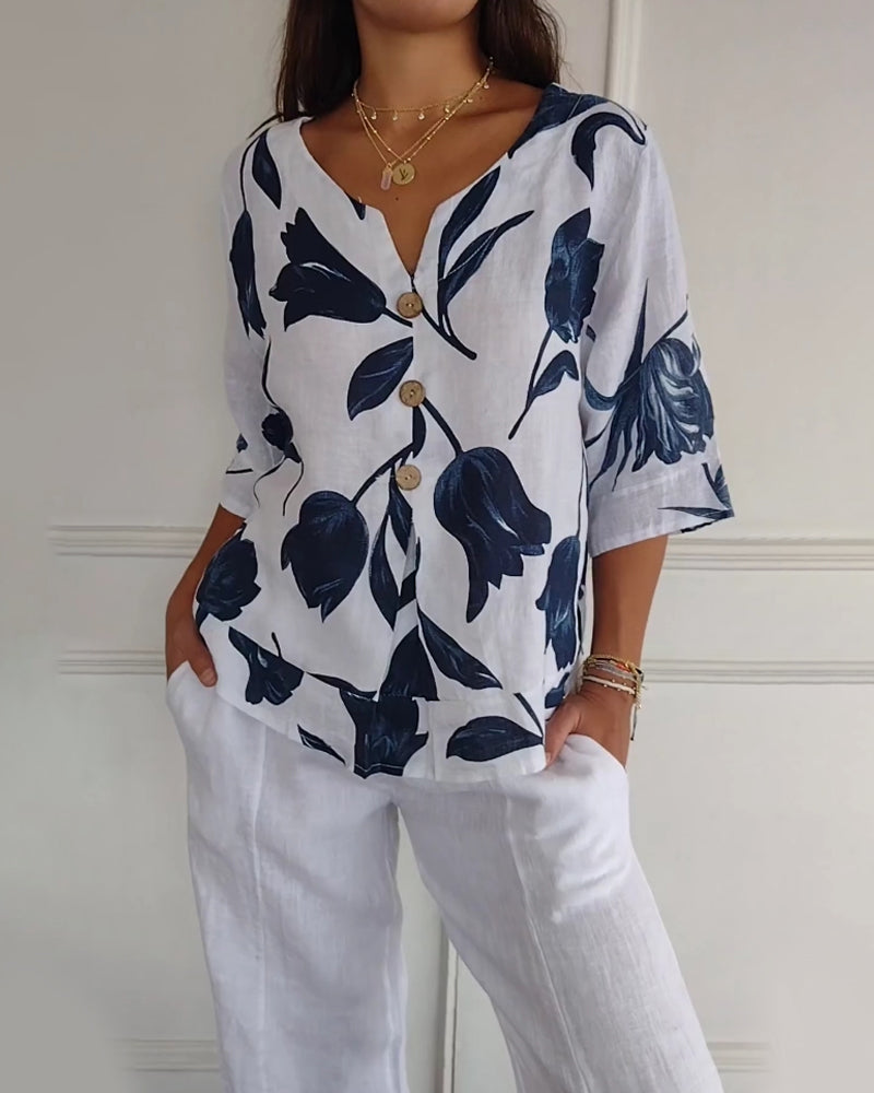 Button-Down-Oberteil aus Baumwolle und Leinen mit Blumendruck