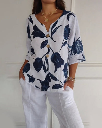 Button-Down-Oberteil aus Baumwolle und Leinen mit Blumendruck