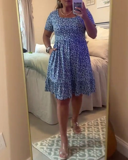 Square Neck Waist Floral Dress