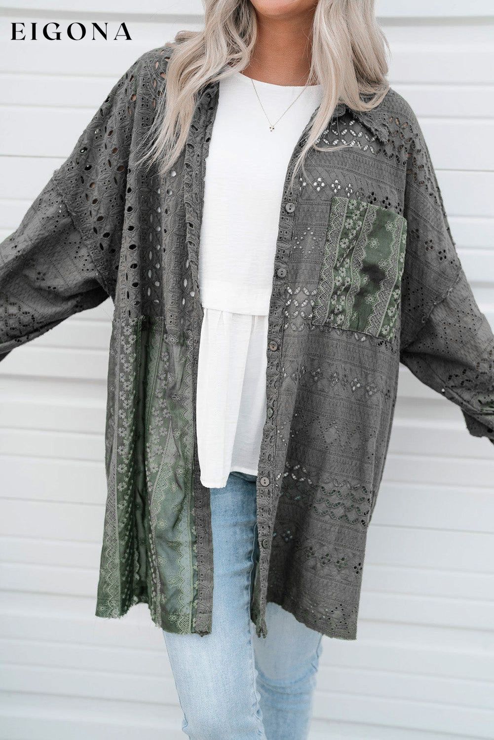 Duffel Green Eyelet Pattern Patchwork Oversized Button Up Shacket All In Stock clothes Craft Embroidery long sleeve shirt long sleeve shirts long sleeve top long sleeve tops Outerwear Print Solid Color Season Fall & Autumn shirt shirts Style Western top tops