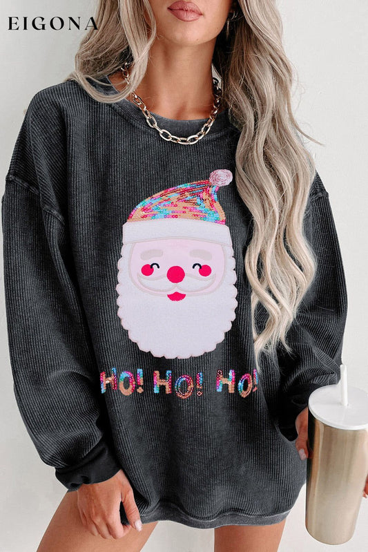 Black Sequin HO HO HO Santa Claus Graphic Corded Sweatshirt Black 100%Polyester Best Sellers clothes Craft Sequin Day Christmas EDM Monthly Recomend Fabric Corduroy Hot picks Print Letter Season Fall & Autumn